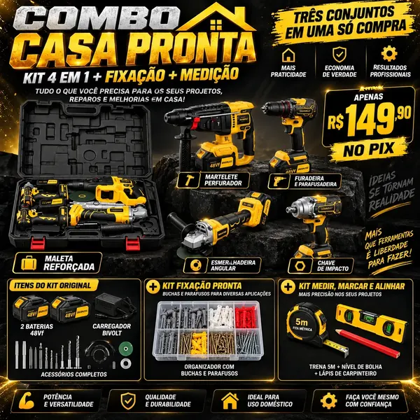 Combo Casa Pronta: Kit 4 em 1 48Vf + Fixação + Medir